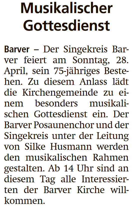 Musikalischer Gottesdienst mit Singekreis und Projektchor "FreiTöne" @ Kirche Barver